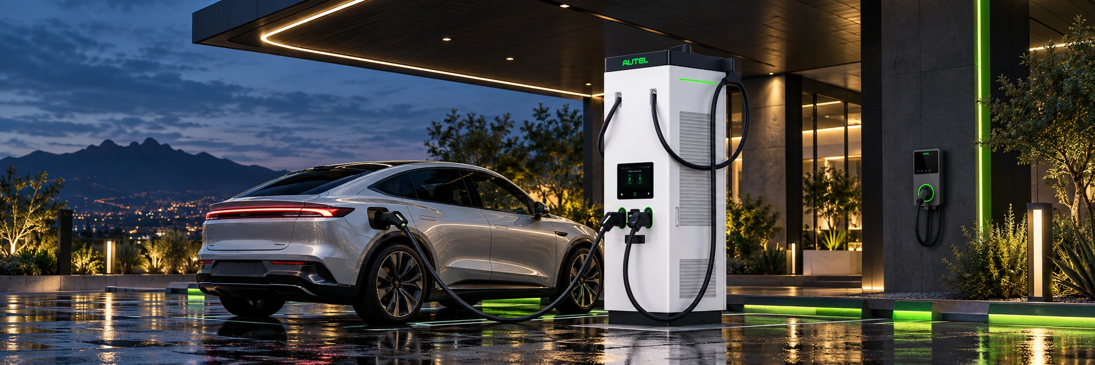Escena de carga eléctrica con equipos Autel Energy y un vehículo eléctrico bajo una arquitectura moderna al anochecer